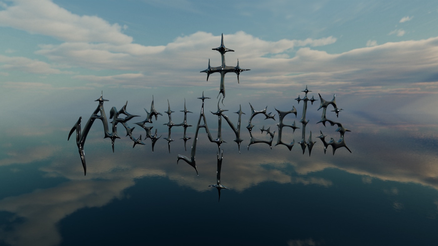 the archangels wordmark in chrome lettering with a cross, set over a wide landscape