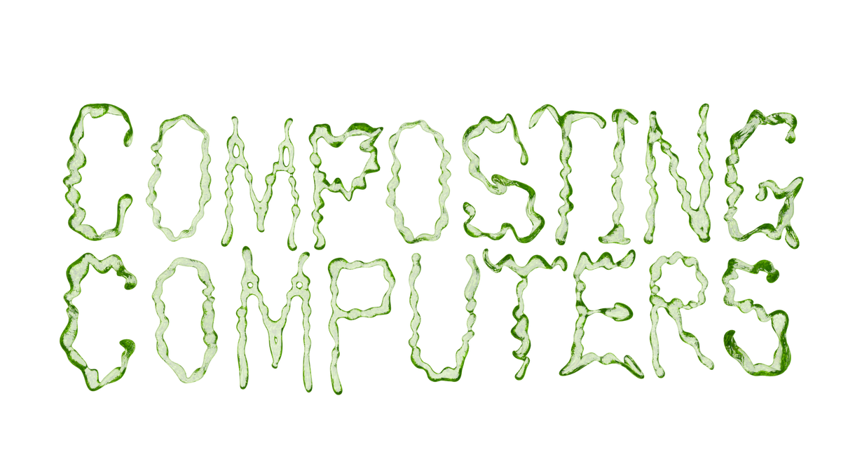 the composting computers wordmark: green organic lettering that reads like mould growing across the letterforms