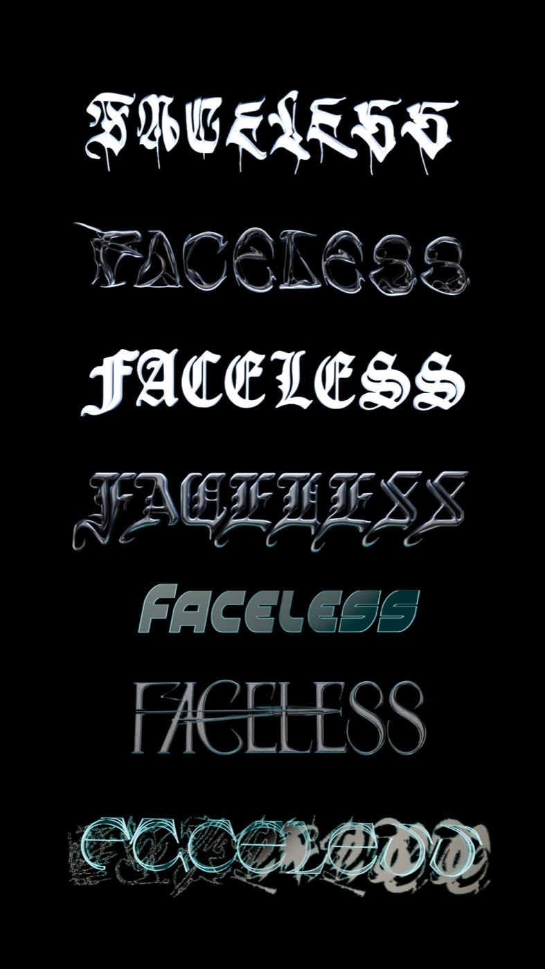 seven versions of the word faceless, each in a different lettering style, stacked