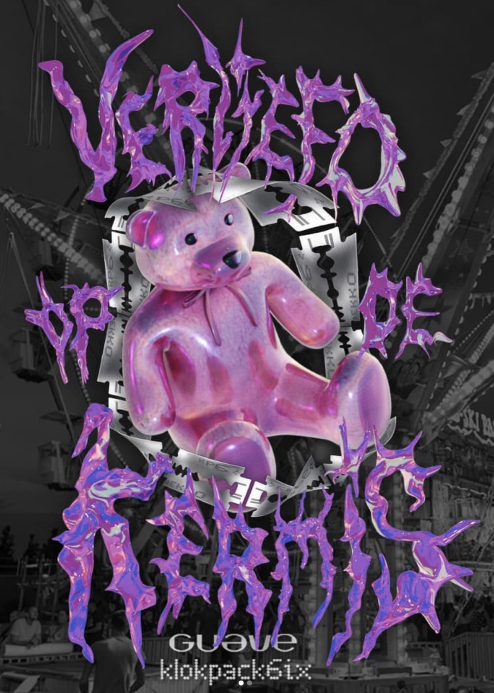 the verliefd op de kermis poster: spiked purple lettering around a glossy pink teddy bear