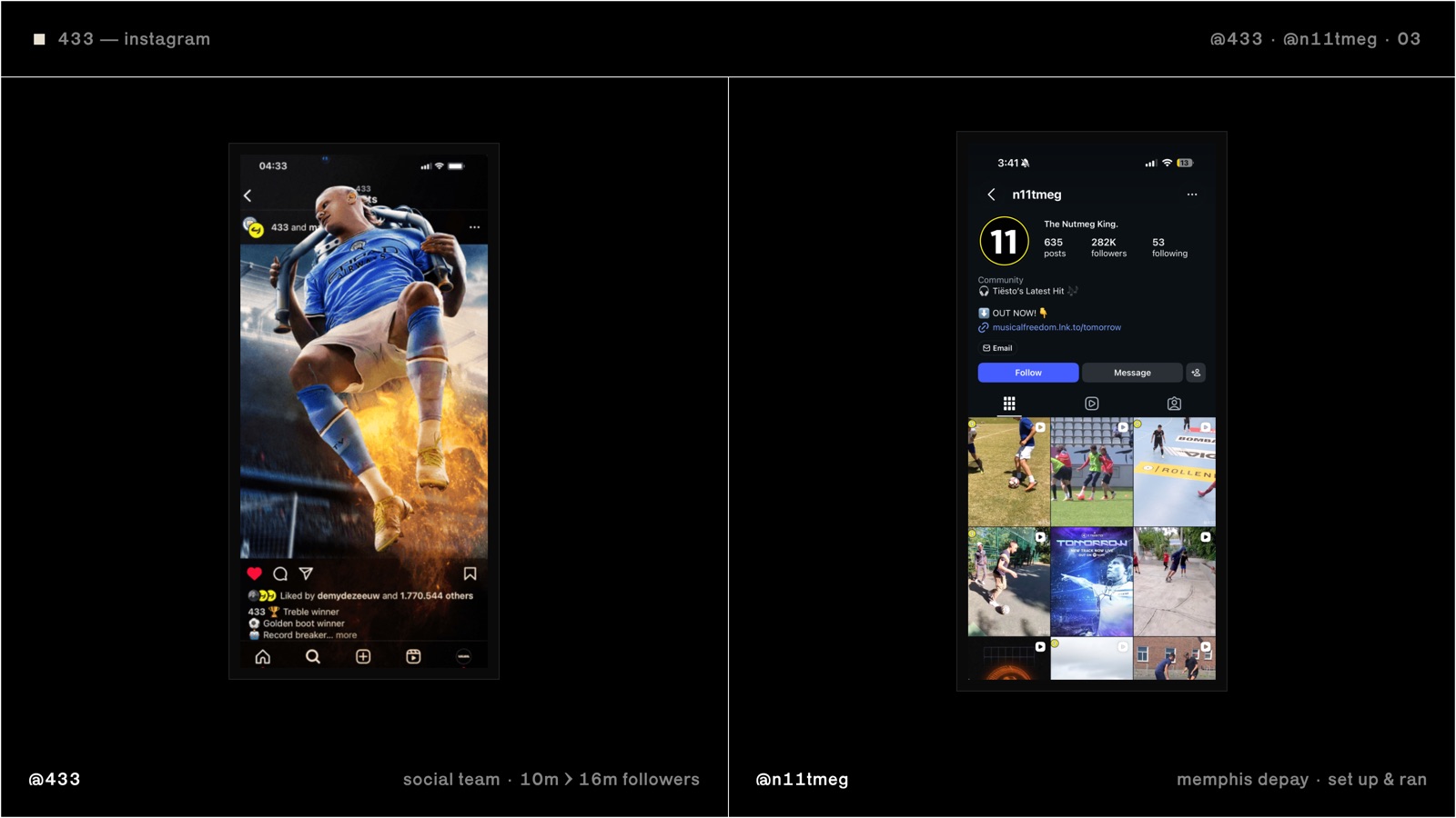 the daily output: the @433 feed, the @n11tmeg account and the content studio