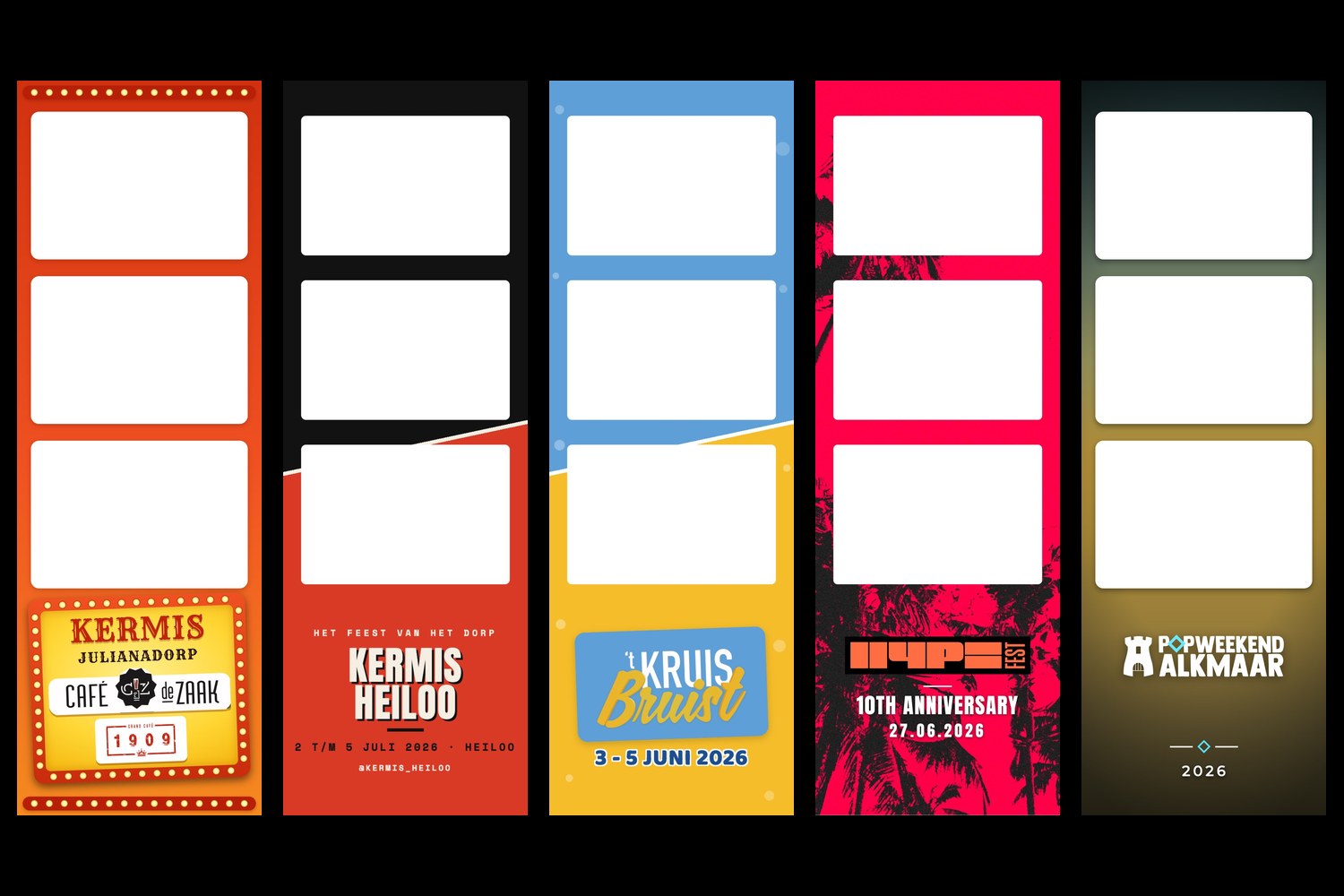 five photo strips in a row, each in the colours of its own festival