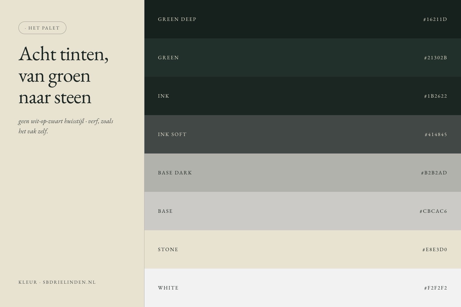 the palette: eight tints from green deep to stone, drawn from paint