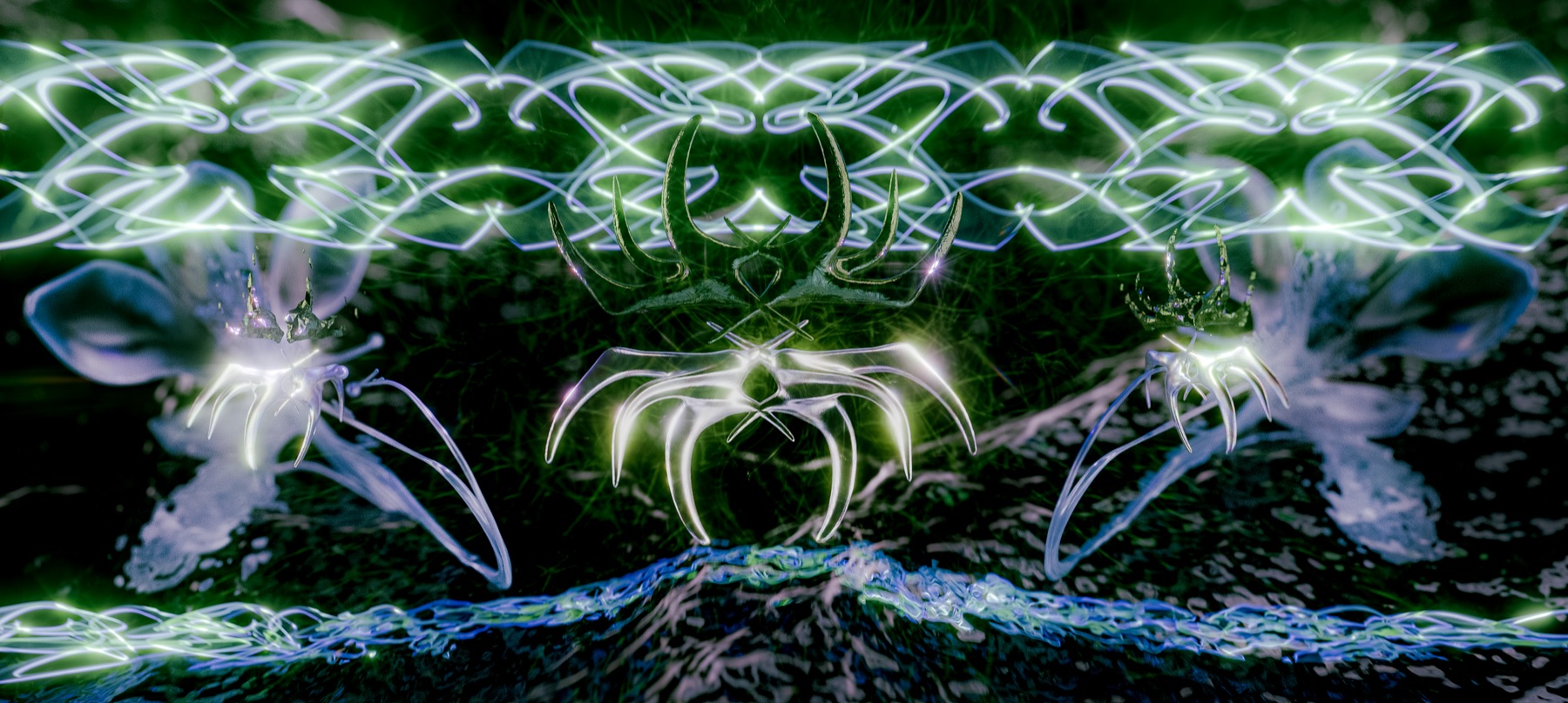 a wide 3d work by cyberbirdxx made of trailing light forms, shown in the ephemerality expo