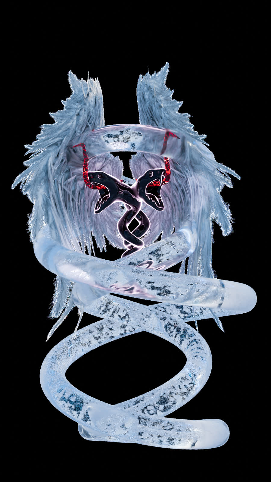 a render: feathered wings closed around a pale coiled ribbon, twin black serpents with red mouths at the centre