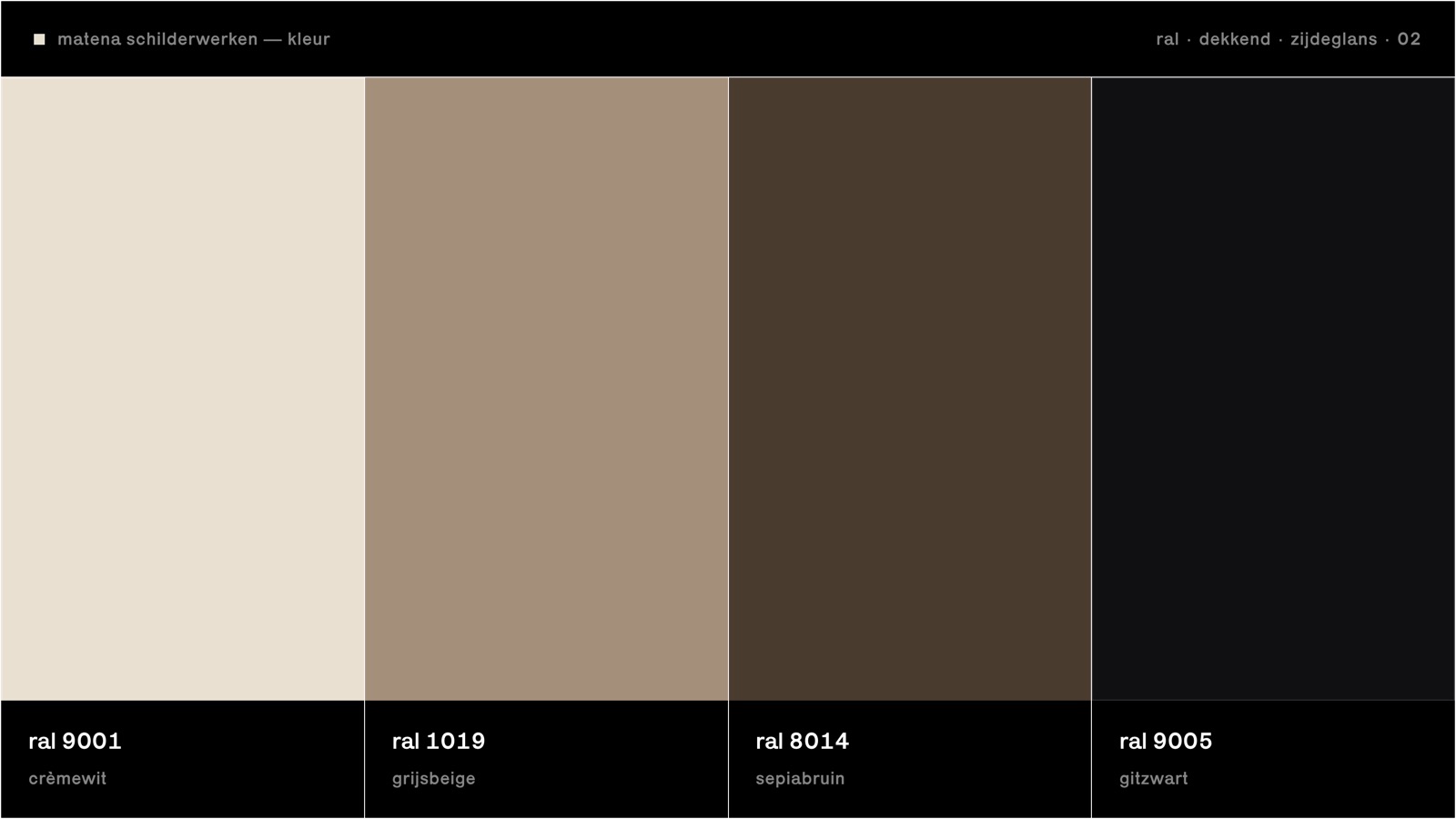 the palette: ral 9001 cremewit, ral 1019 grijsbeige, ral 8014 sepiabruin, ral 9005 gitzwart