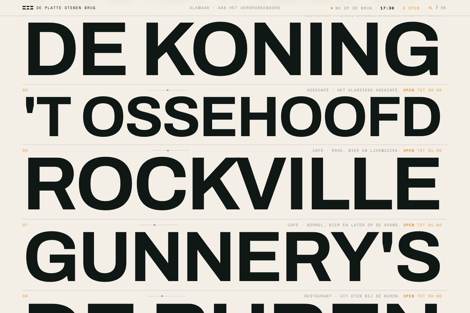 the gevelrij by day: de koning, 't ossehoofd, rockville and gunnery's, every name at exactly one width, each with its live open status