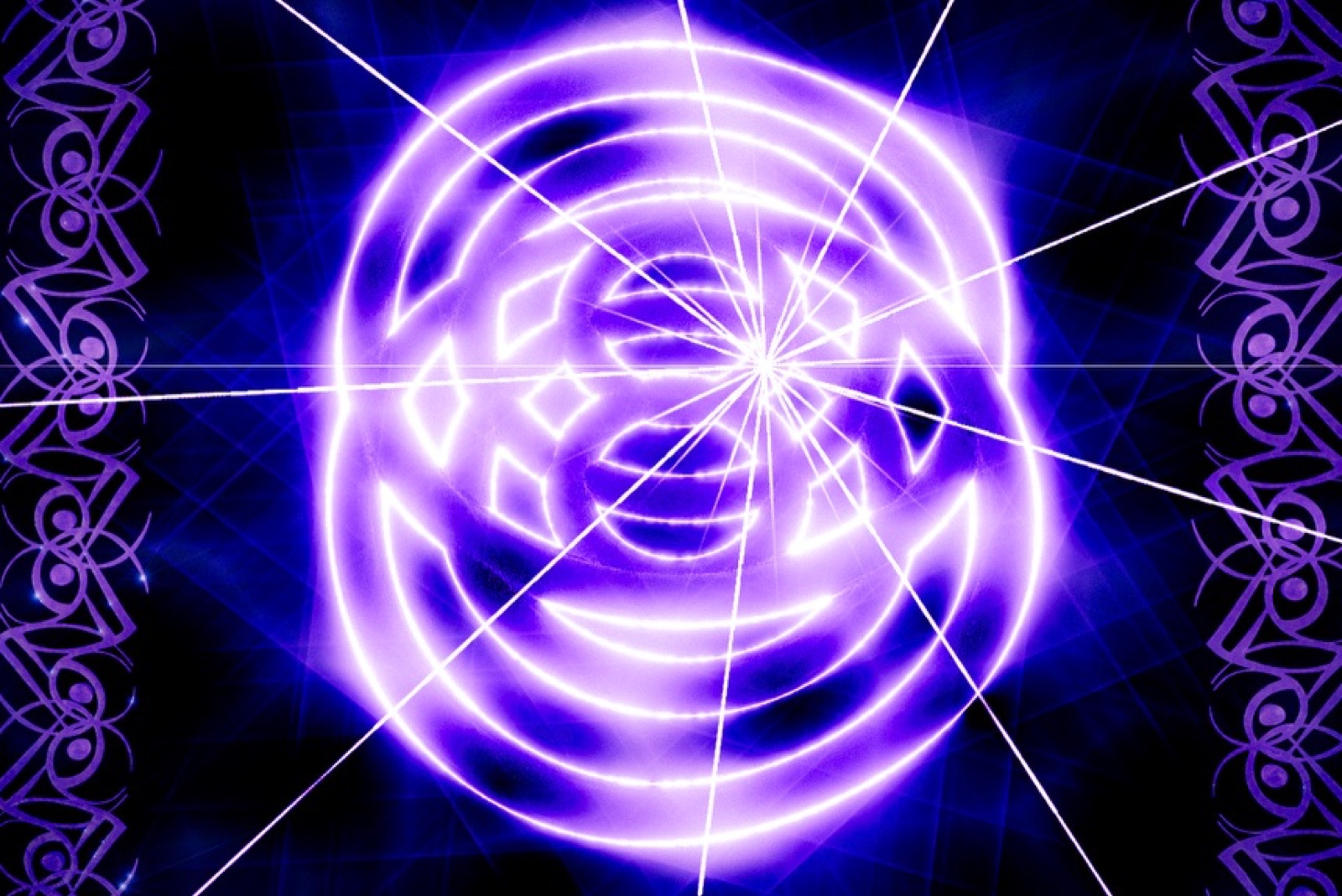 a symmetrical kaleidoscope of glowing violet rings and spokes, with an ornate tribal pattern bordering both sides.
