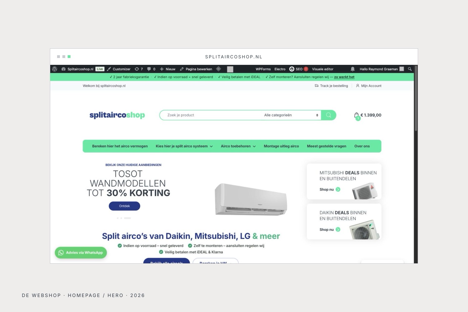 the splitaircoshop.nl home page: split airco's van daikin, mitsubishi, lg and more, in stock and quickly delivered